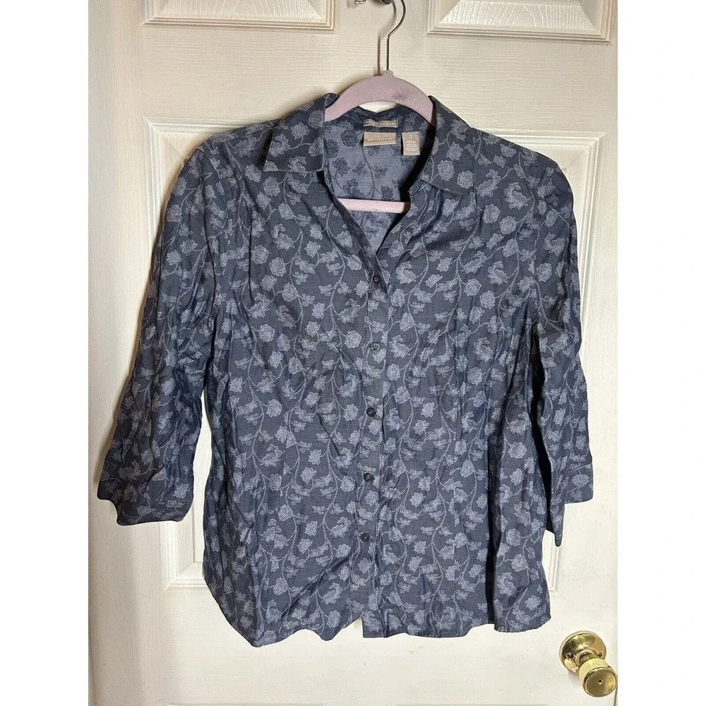 Chico’s Womens Chambray Floral Jacquard Top Blue Wrinkle Resistant Size S/1